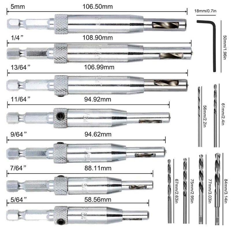AFUNTA 21 pcs Center Drill Bit Set, AFUNTA Self Centering Hinge Tapper Core Hole Puncher 5/64'' 7/64'' 9/64'' 11/64'' 13/64'' 5mm 1/4'' & 1 Pcs Hex Key & 10 Pcs Replacement Drill Bits - Image 4